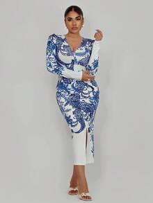 Xyvia Women's Elegant Floral Print Bodycon Dress With Side Slit Hem Fall Cloth For Women - Multicolor - View 3