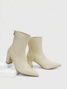 Daringsoles 女式尖头粗跟中筒靴，后拉链，法式踝靴