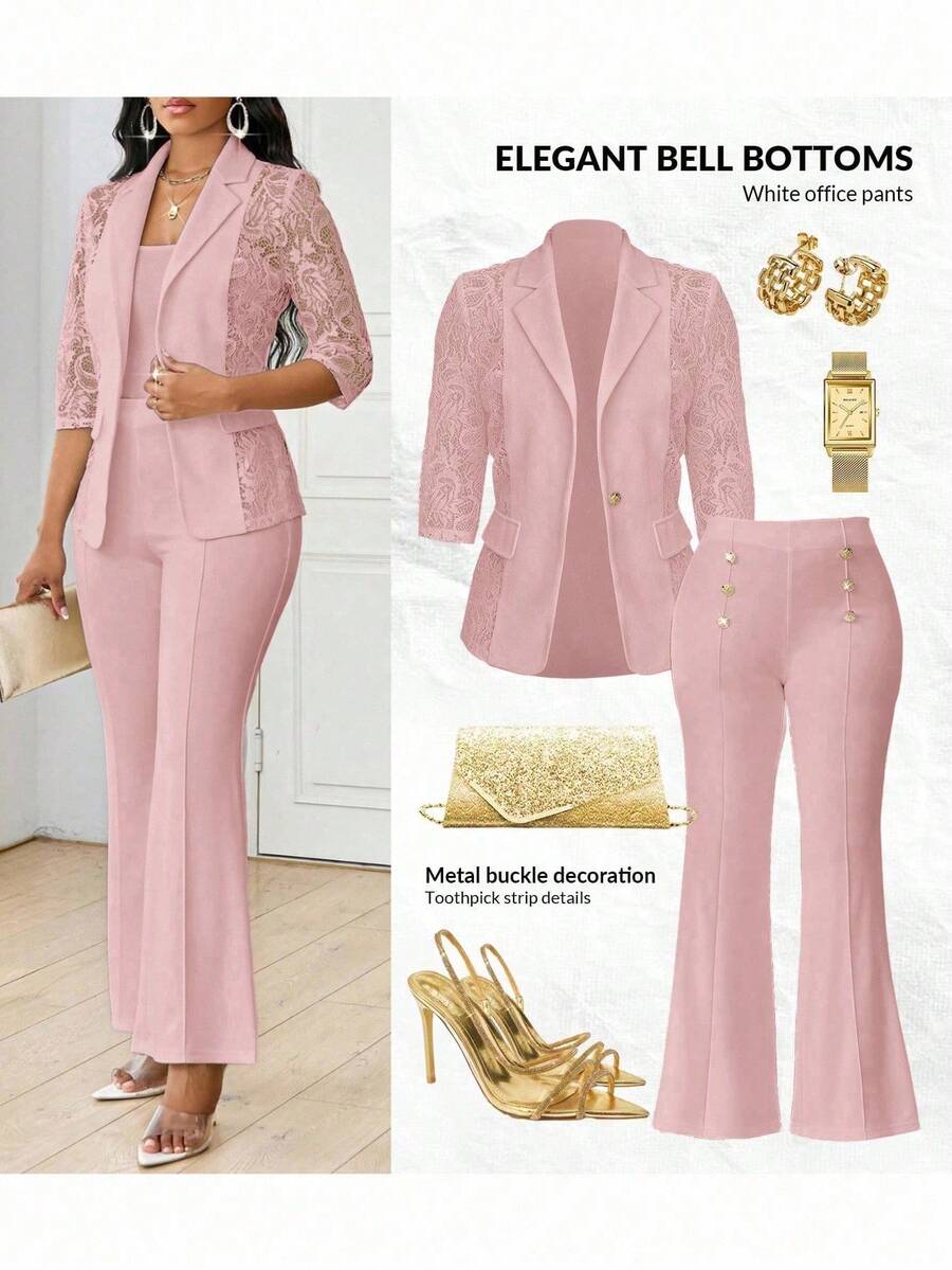 SHEIN Lady 四季粉色套装 女士西装外套 女士大衣 蕾丝拼接优雅套装 秋冬装 优雅女士粉色裤子 女士纯色金属纽扣装饰优雅九分裤 秋季女士套装 大码人造毛皮外套，两件套夏季套装 夏季套装 - 淺粉色 - 查看 1