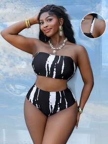 Slaydiva Summer New Women Plus Size Black & White Printed Adjustable Strap Bandeau Bikini 2 Pieces High Waist Swimsuit