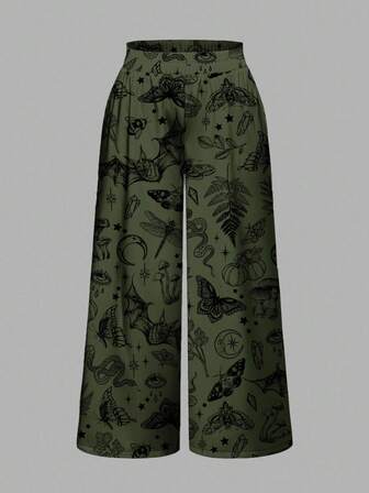 Plus Size Gothic Horror Dark Forest Skull, Bat, Moth, Halloween Green & Black Print Snake Star Loose Wide Leg Pants, All Over Print