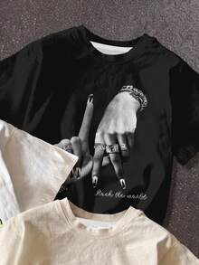 SHEIN Bolty 3pcs/Set Teen Girl Casual Minimalist Short Sleeve Round Neck T-Shirts, White, Light Peach, Black, With Personalized Street Hip-Hop Girl Portrait, LA Hand Gesture, Lip Pattern, Suitable For Street Photography, Casual Daily Wear, Fashion Styling - Multicolor - View 5