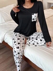 Heart Print Casual Crew Neck Long Sleeve Top & Long Pants Women Pajama Set, Fall Winter Clothes Heart Print Pajama Set Comfy Pajama Set - Black - View 6