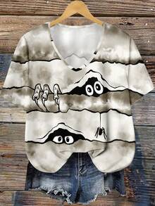 EMERY ROSE Áo thun tay ngắn cổ chữ V in hình nhện phong cách Halloween rộng rãi cho nữ cỡ lớn - Nhiều màu - Xem 1