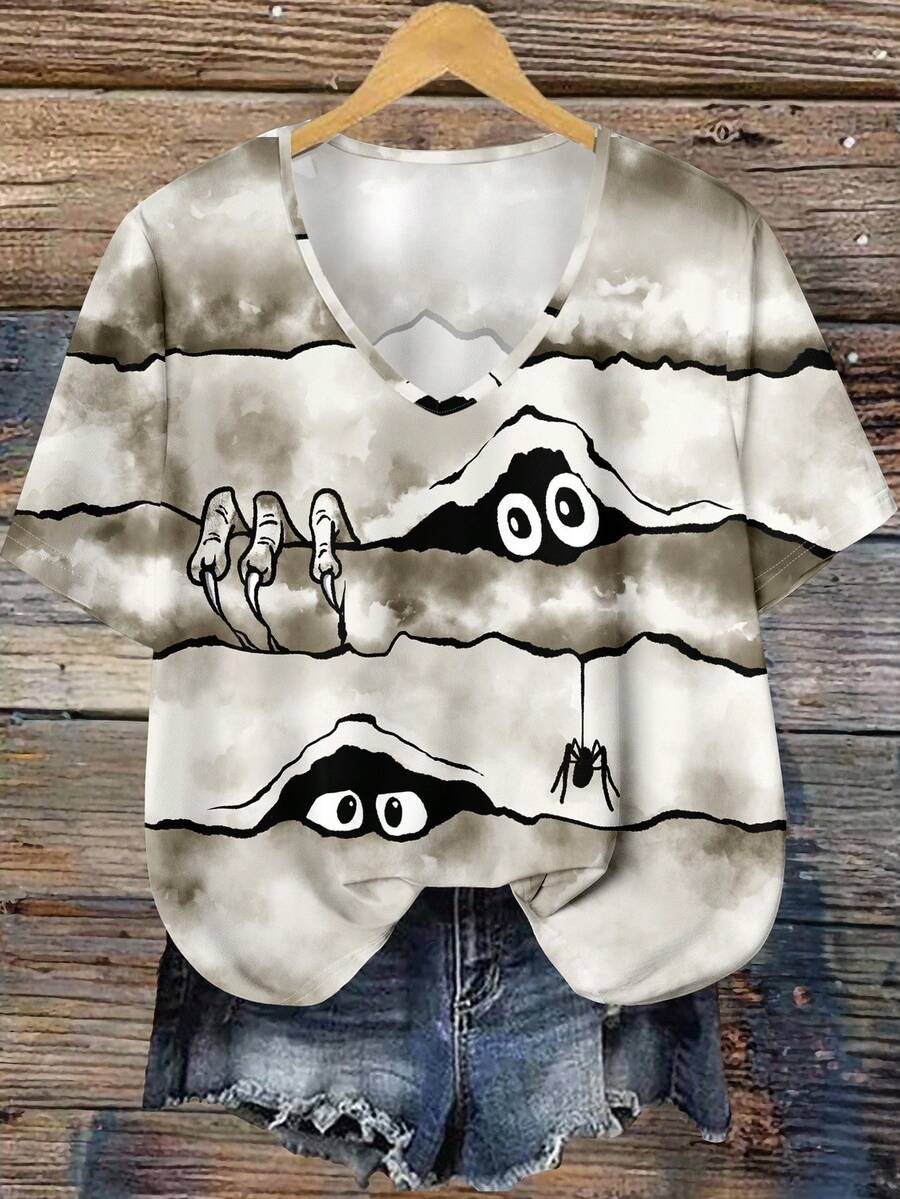 EMERY ROSE Áo thun tay ngắn cổ chữ V in hình nhện phong cách Halloween rộng rãi cho nữ cỡ lớn - Nhiều màu - Xem 1