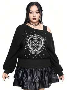 ROMWE Goth Plus Size Loose Shoulder Contrast Lace Cat Embroidery Sweatshirt - Black - View 1