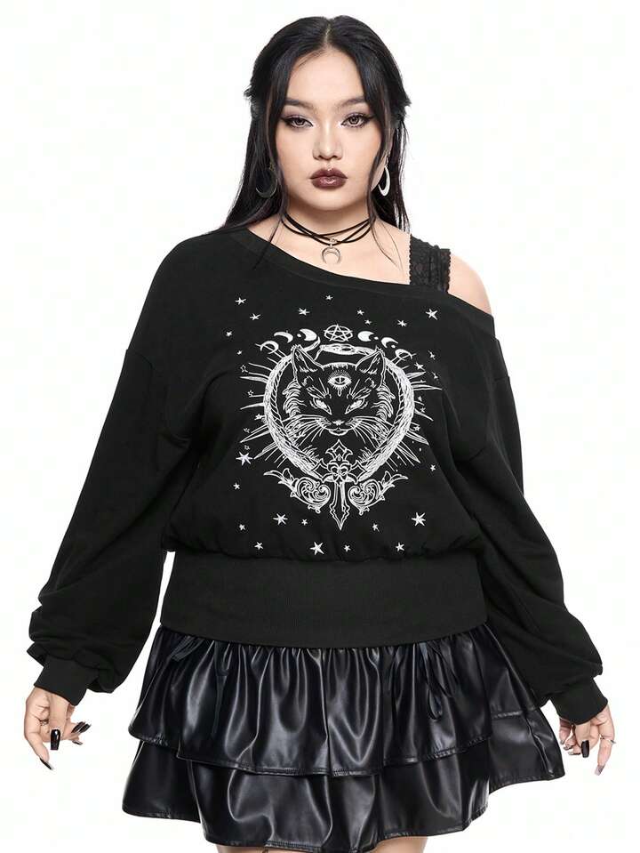 Goth Plus Size Loose Shoulder Contrast Lace Cat Embroidery Sweatshirt