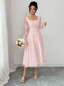 Rafferiza Elegant Lace Jacquard Dress - Pink - View 5