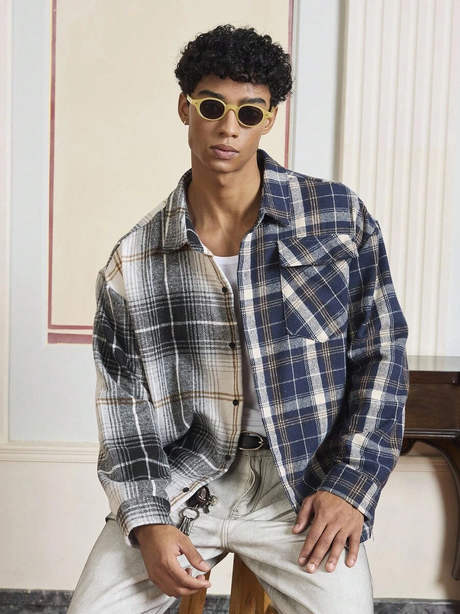 SWAVVY Men's Casual College Style Fashion Street Plaid Print Flap Pocket Long Sleeve Shacket, Fall, Winter - Grey - View 1