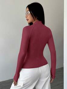 SHEIN PETITE 女式纯色前拉链长袖休闲夹克，春秋季 - 酒紅色 - 查看 2