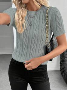 EMERY ROSE 博主灵感扭绳装饰圆领针织毛衣百搭秋冬短袖毛衣泡泡袖毛衣女夏季毛衣麻花针织上衣女针织上衣 - 淺灰色 - 查看 6