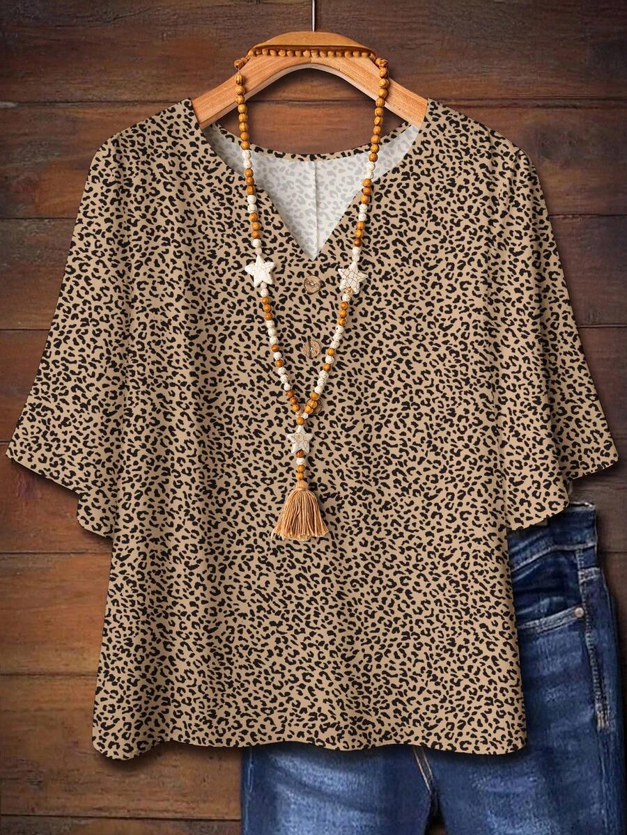 EMERY ROSE Camicia casual con stampa leopardata, adatta per l'autunno, stile da festival di musica country - Multicolore - Visualizzare 1