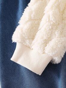 SHEIN Playful Pals 女婴碎花长袖上衣和心形毛绒牛仔裤套装，秋冬 - 白色 - 查看 5