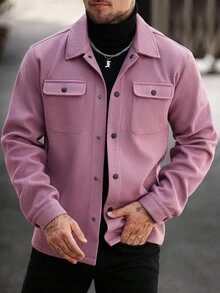 Manfinity Homme 男士休闲纯色纽扣翻领长袖大衣，秋季工作服，通勤休闲两相宜 - 紫色 - 查看 4