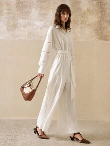 Cévolie 女装春秋新款波西米亚碎花拼接灯笼袖衬衫领阔腿宽松连体裤 - 白色 - 查看 4