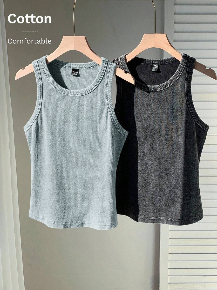 Comfortcana Bộ 2 áo hai dây dệt kim nhuộm loang - Xám - Xem 1