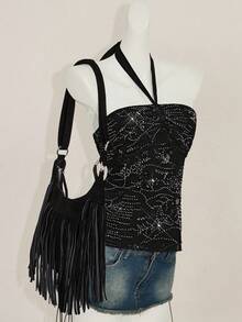 SHEIN ICON Y2k 露背勃艮第外出复古波西米亚嬉皮音乐会串珠时尚度假闪光派对闪亮亮片无袖短款上衣，露背修身夏季背心 - 黑色 - 查看 5