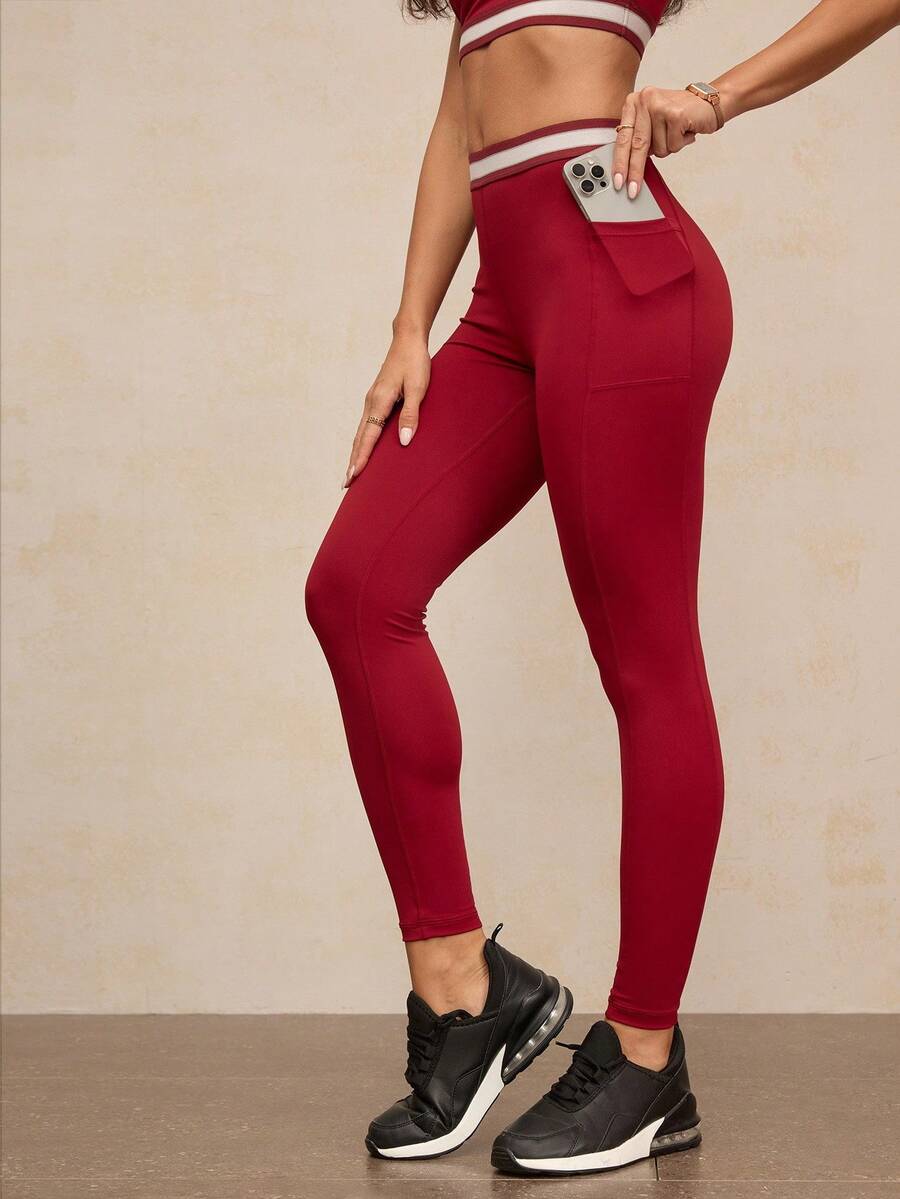 Activina 女式松紧腰抽绳口袋短款紧身裤 - 酒紅色 - 查看 1