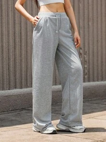 Hanevo 青少年女孩抽绳下摆阔腿直筒休闲休闲裤 - 灰色 - 查看 7