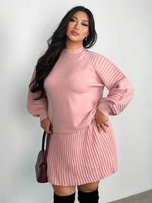 Firerie Loose Knit Stand Collar Long Sleeve Sweater & High-Waisted Pleated A-Line Mini Skirt 2 Pieces Set, Suitable For Valentine's Day, Concerts, Performances, Dates, Formal Dinners, Galas, Weddings, Sexy, Elegant, Commute, Back To School, Vacation, Beach, Romantic, Office Diva, Mermaid Chic, Birthday Party 2 Pieces Sweater Set Women Plus Plus Size Skirt Set Knit Skirt Set Plus Two Pieces Skirt Set Plus Size Plus Size Knit Set In Fall/Winter