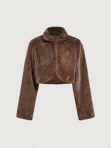 SHEIN MOD Minimalist Fashion Solid Color Faux Fur Short Stand Collar Jacket In Fall/Winter - Mocha Brown - View 5