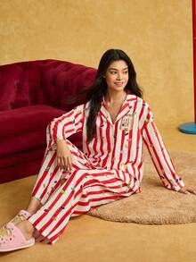 HARRY POTTER X SHEIN Conjunto de pijama feminino com estampa de desenho animado em listras vermelhas e brancas, blusa de manga comprida e calça folgada, ideal para primavera/outono e inverno.
