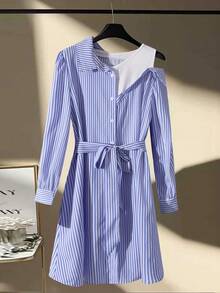 GlowEve Women's Chic Blue White Stripe Shirt Dress For Autumn,Off The Shoulder Splicing Long Sleeve Waist-Cinching A-Line Dress With Belt,Daily Work Outfits - Multicolor - View 1