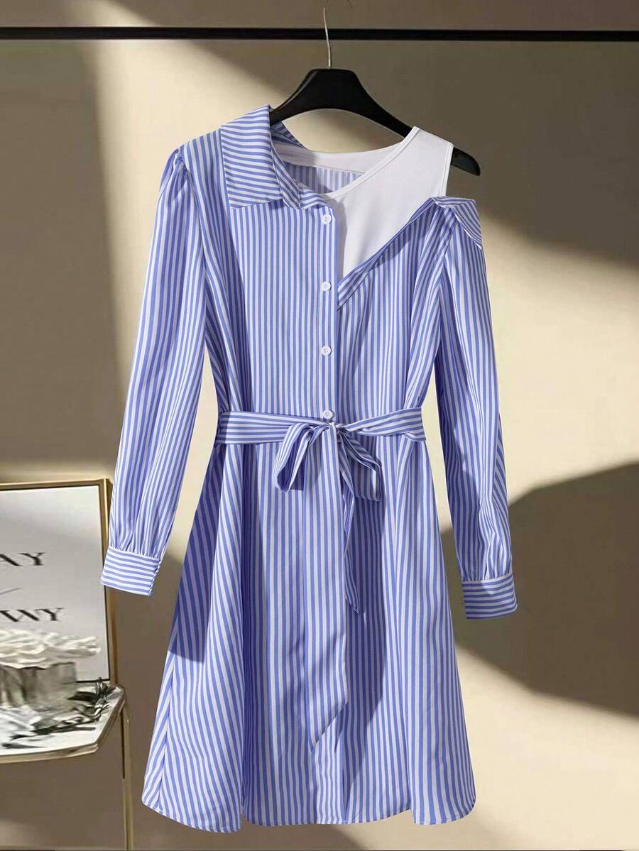GlowEve Women's Chic Blue White Stripe Shirt Dress For Autumn,Off The Shoulder Splicing Long Sleeve Waist-Cinching A-Line Dress With Belt,Daily Work Outfits - Multicolor - View 1