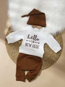 SHEIN HELLO Letter Embroidered Newborn Photography Outfit, Baby Boy/Girl Top, Pants, Hat 3pcs Set, Infant 1 Month To 100 Days Studio Photo Prop Clothing Fall Winter