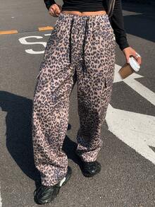 DAZY Women's Leopard Print Elastic Waist Drawstring Casual Loose Cargo Pants - Brown - View 4