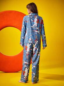 Chillnights X LOONEY TUNES Conjunto de pijama de mujer con top de manga larga y pantalones con estampado de dibujos animados, arruga de burbuja. Conjunto de pijama de mujer, pijama de mujer con diseño de dibujos animados, conjunto de pijama azul de mujer, ropa de otoño - Multicolor - Ver 2