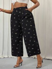 SHEIN PETITE CURVE Damen Große Größen Frühling und Sommer Mode Lässig Locker Bequem Kühle Tägliche Vielseitige Schwarze Kleine Blumen Textur Stoff Elastischer Bund Weite Bein Hose, Damen Unterteil, Weite Hose, Süßer Sommer, Europäischer Sommer, Urlaub, Flughafen für Frauen