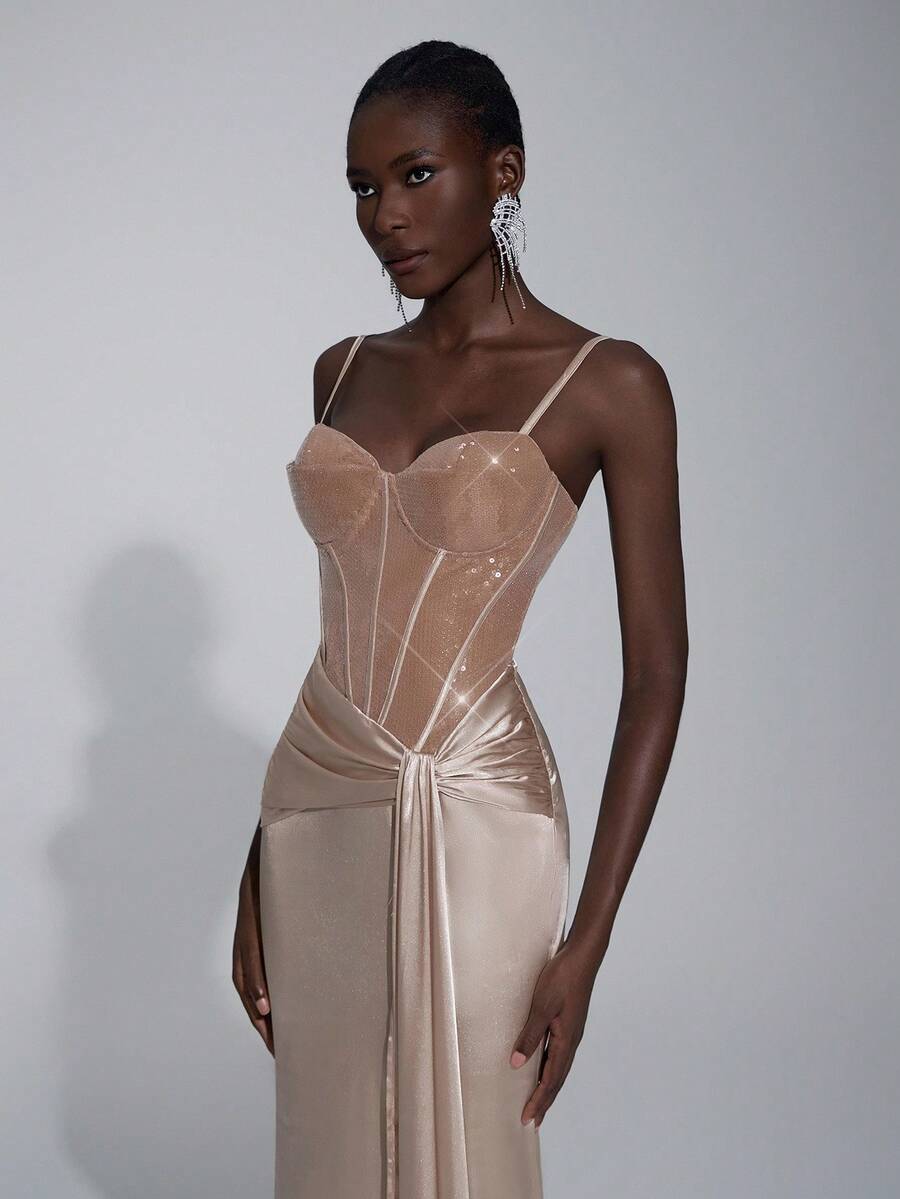 Elitara 优雅、奢华、时尚、浪漫、杏色、串珠拼布、弹力缎面、鱼尾下摆、拖尾，适合度假、婚礼、单身派对、正式舞会、晚宴礼服