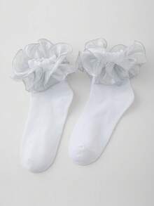 ROMWE Kawaii 2 - Pair Ruffled Ankle Socks Set: Silver & Black Frills - White, black - View 3