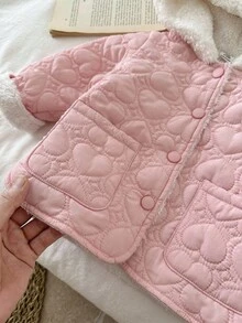 SHEIN Baby Girl Casual Heart Pattern Thick Hooded Long Sleeve Jacket, Pink Rabbit Design, Versatile Winter Padded Coat Fall - Pink - View 8