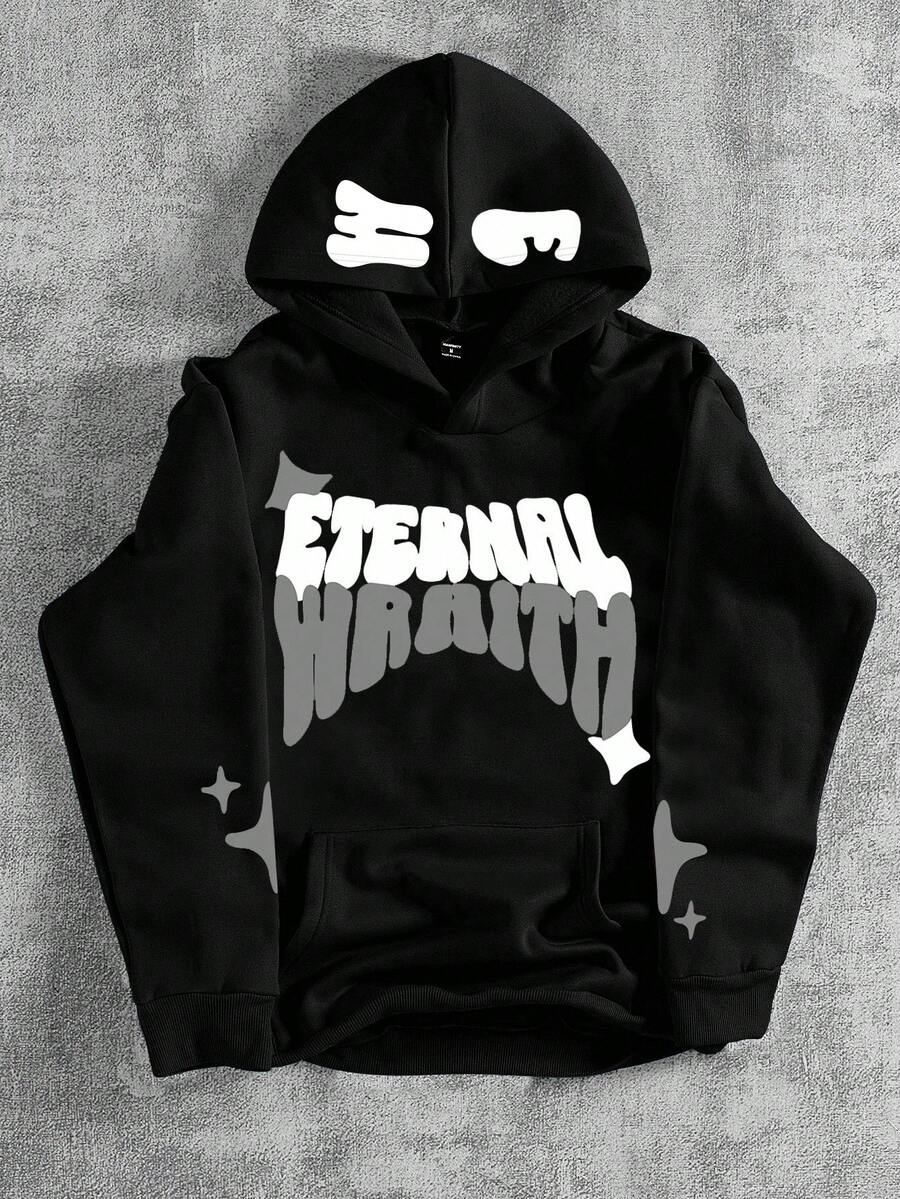 PAVTROS Men's Contrast Color Letter Graphic Thermal Lined Hoodie Casual Sweatshirt, Black Letter Long Sleeve Hoodie, For Friends, Husband, Boyfriend Gifts, Black Hoodies, Street Wear, Streetwear Hoodies, Y2k, For Fall Winter - Black - View 1