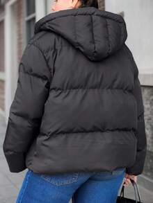 RueChic Plus Size Zip Up Hooded Puffer Coat, For Winter - Black - View 2
