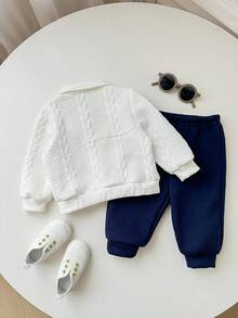 SHEIN 2pcs/Set Baby Boy Cute Knitted Long Sleeve Sweatshirt And Elastic Waist Jogger Pants Tracksuit Set, Back To School Fashion Unisex Baby Clothes, Baby Winter Clothes - Multicolor - View 2