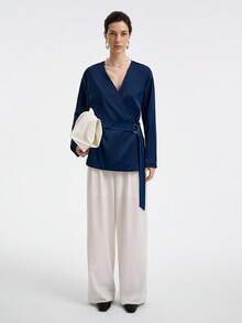 Aalyst Áo khoác cardigan dài tay cổ chữ V cao cấp, thời trang thanh lịch, phong cách retro, quyến rũ, giản dị, có thắt lưng, khóa eo, chất liệu satin trơn - Màu xanh hải quân - Xem 4