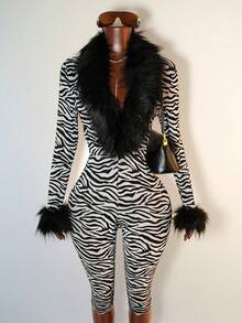 Mistrie 女式休闲斑马纹修身长袖毛绒边连体裤 - 黑與白 - 查看 5