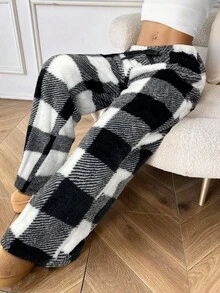SHEIN EZwear Women's Casual Front Tie Black & White Plaid Pants, Autumn/Winter,Fall Black And White Pants Knit Pants Checkered Pants Gingham Pants