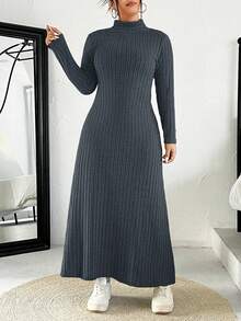 SHEIN EZwear 秋冬大码纯色立领长款休闲连衣裙 - 灰色 - 查看 1
