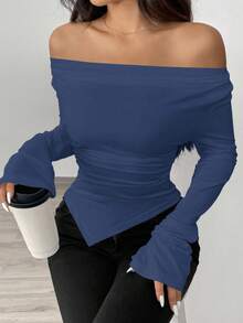 Chiquease Damen Rundhals-Asymmetrisches Schulter Strick T-Shirt mit geraffter Taille und asymmetrischem Saum