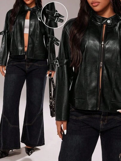 Rustia Chaqueta con cuello alto y cremallera de unicolor y textura de piel sintética para tallas grandes