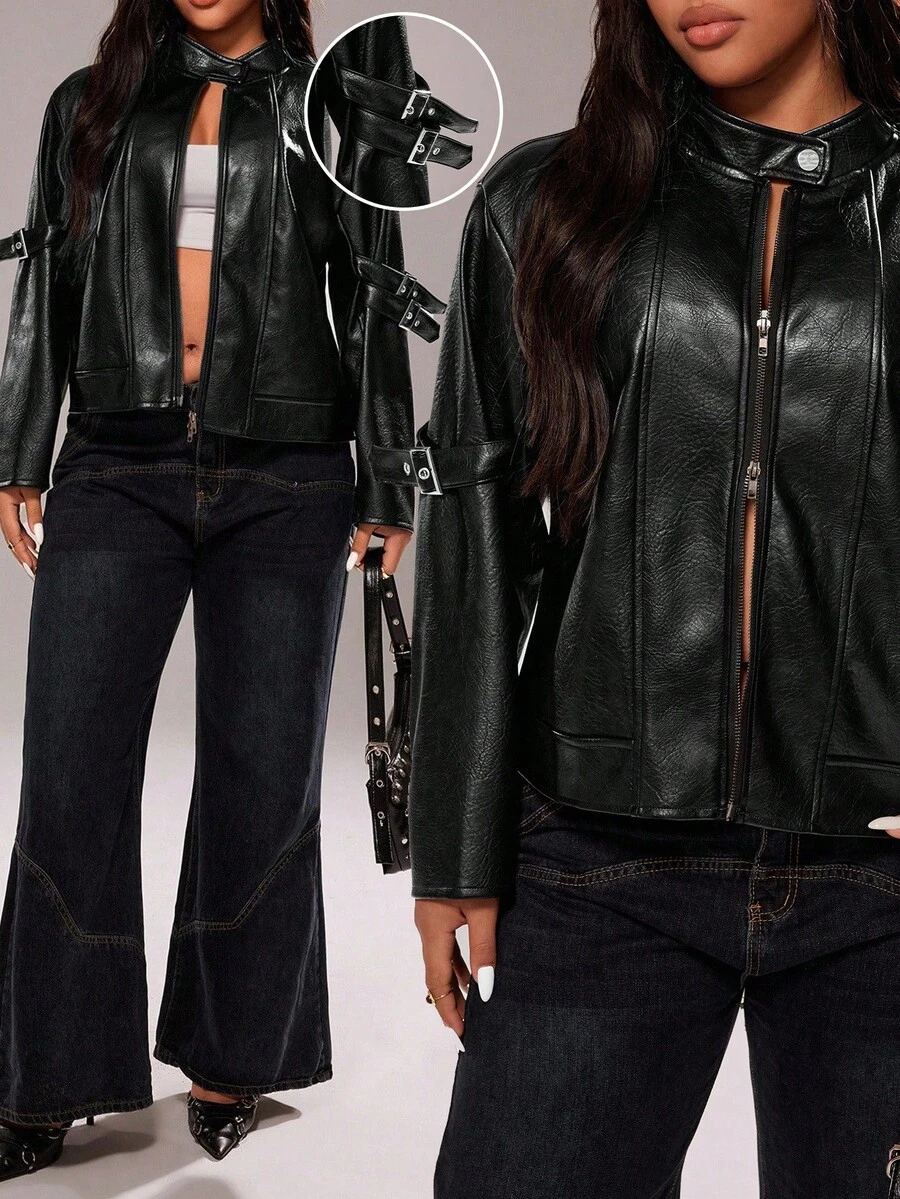 Rustia Chaqueta con cuello alto y cremallera de unicolor y textura de piel sintética para tallas grandes - Negro - Ver 1