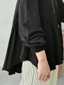 FRIFUL Áo thun nữ tay dài cổ tròn trễ vai màu đen trơn xếp ly dáng rộng thoải mái, phù hợp cho các buổi đi chơi, mùa thu - màu đen - Xem 4