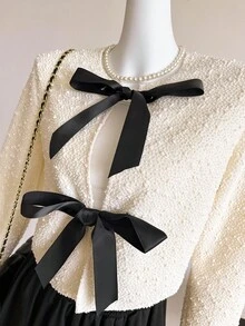 SHEIN Sweetra Young Teen Girl Casual Bowknot Tie Jacket, Suitable For Spring Autumn