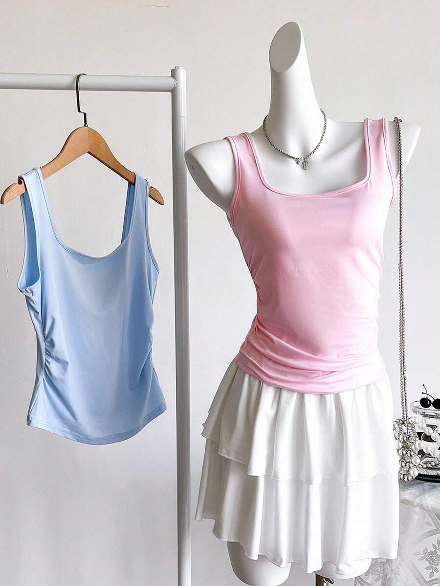 2pcs/Set Teen Girl Simple Casual Classic Sleeveless Crop Top & Tank Tops, Solid Summer Crew Neck Pleated Fitted Top Blouse, Black & White - Multicolor - View 1