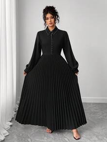 Elenzga Vestido plisado de línea A elegante y minimalista, vestido de trabajo de manga larga con cuello contrastante con tachuelas - Negro - Ver 3