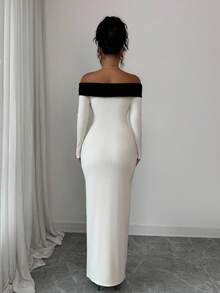 Elenzga Đầm Maxi Maxi Thanh Lịch, Dáng Rộng, Màu Khối, Hở Vai, Dệt Kim Gân, Thời Trang Dự Tiệc Thu/Đông 25-30+ Cho Nữ - Màu be - Xem 2